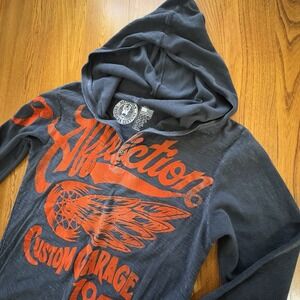 Vintage Y2K Affliction Black Custom Garage Graphic Print Lightweight Hoodie Sz S